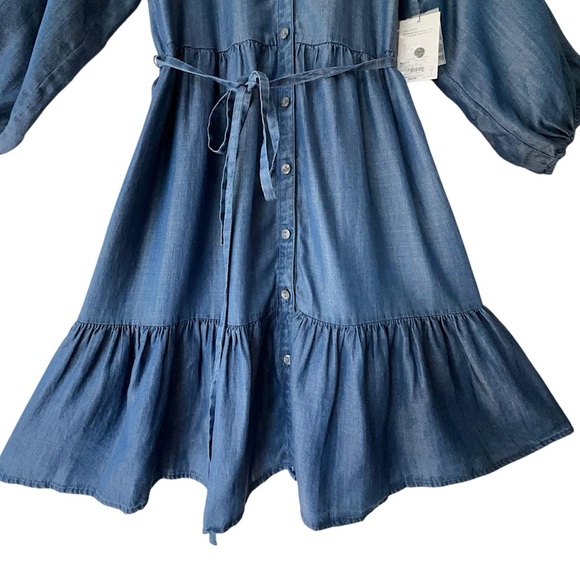 NWT | BOHO CHAMBRAY BLUE BUTTON UP DRESS RUFFLE HEM BALLOON SLEEVE | SIZE: SMALL - Picture 5 of 10